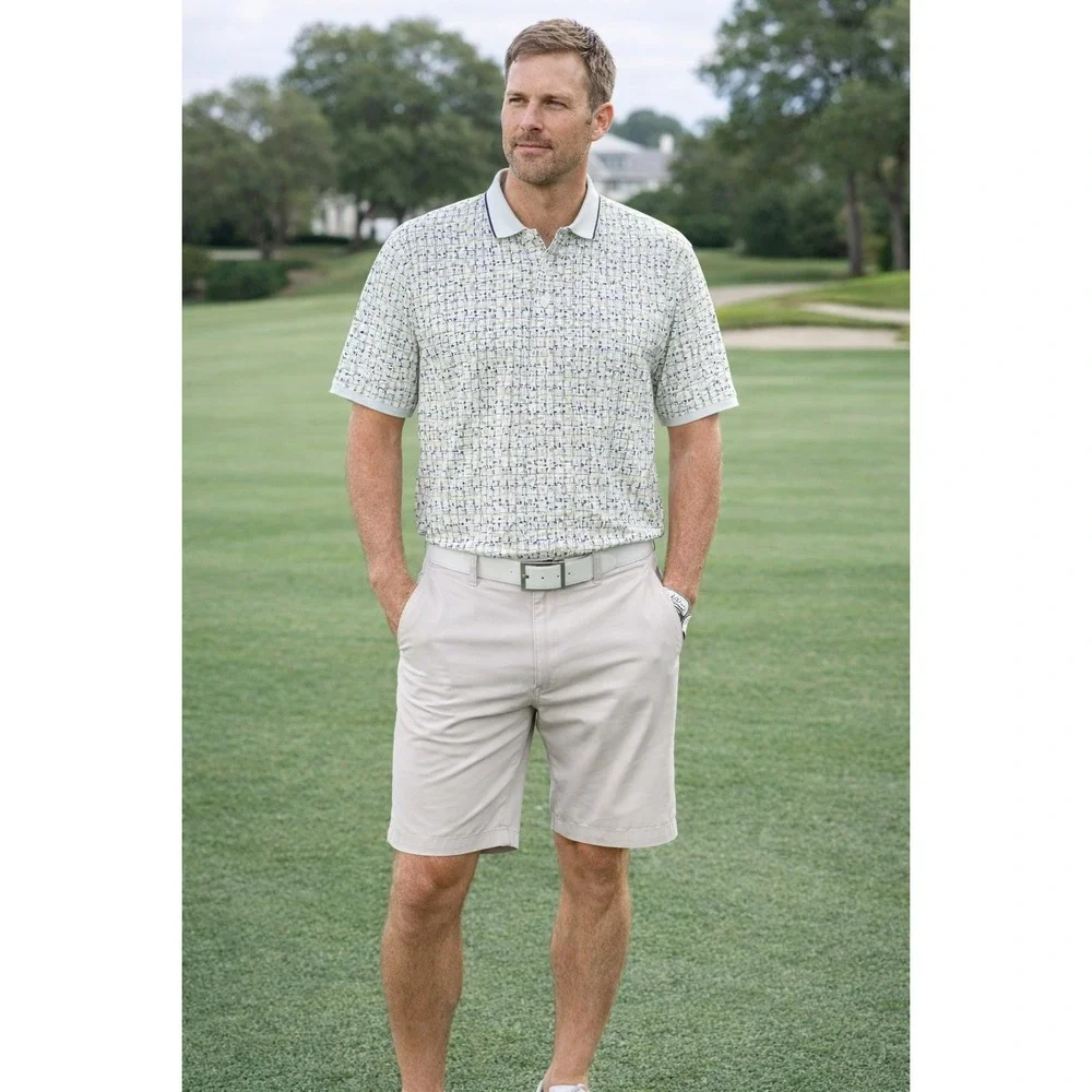 Steve‎ Stricker Fairway Sport Polo Shirt Mens Large Cream Golf Flag Print Cotton